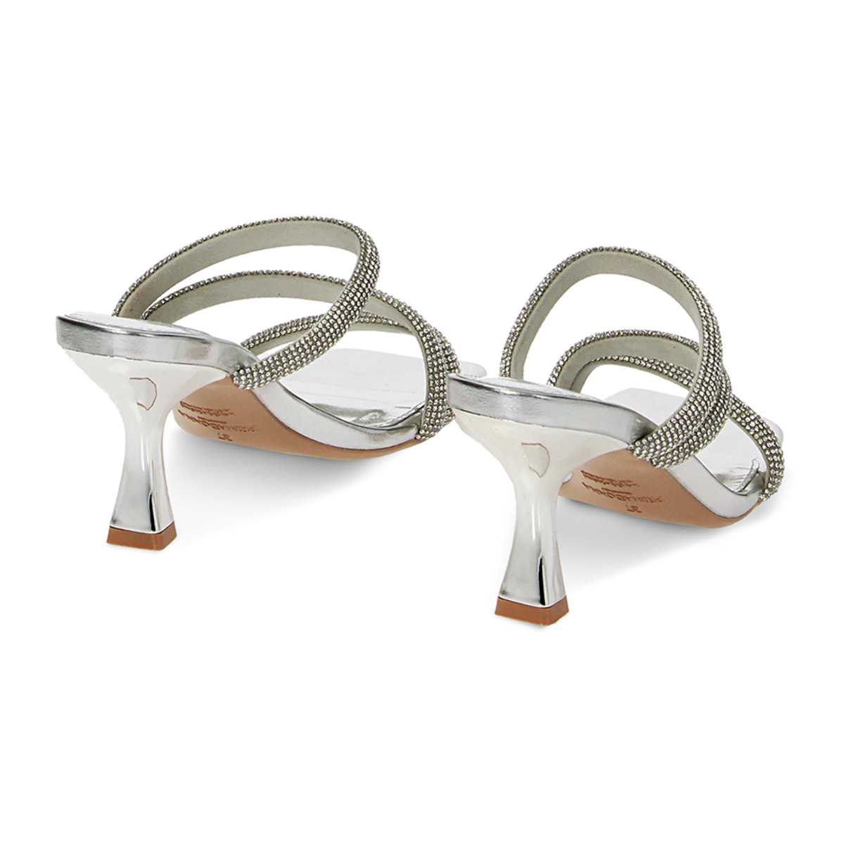 Mules open toe donna argento in laminato e pietre, tacco 7,5 cm