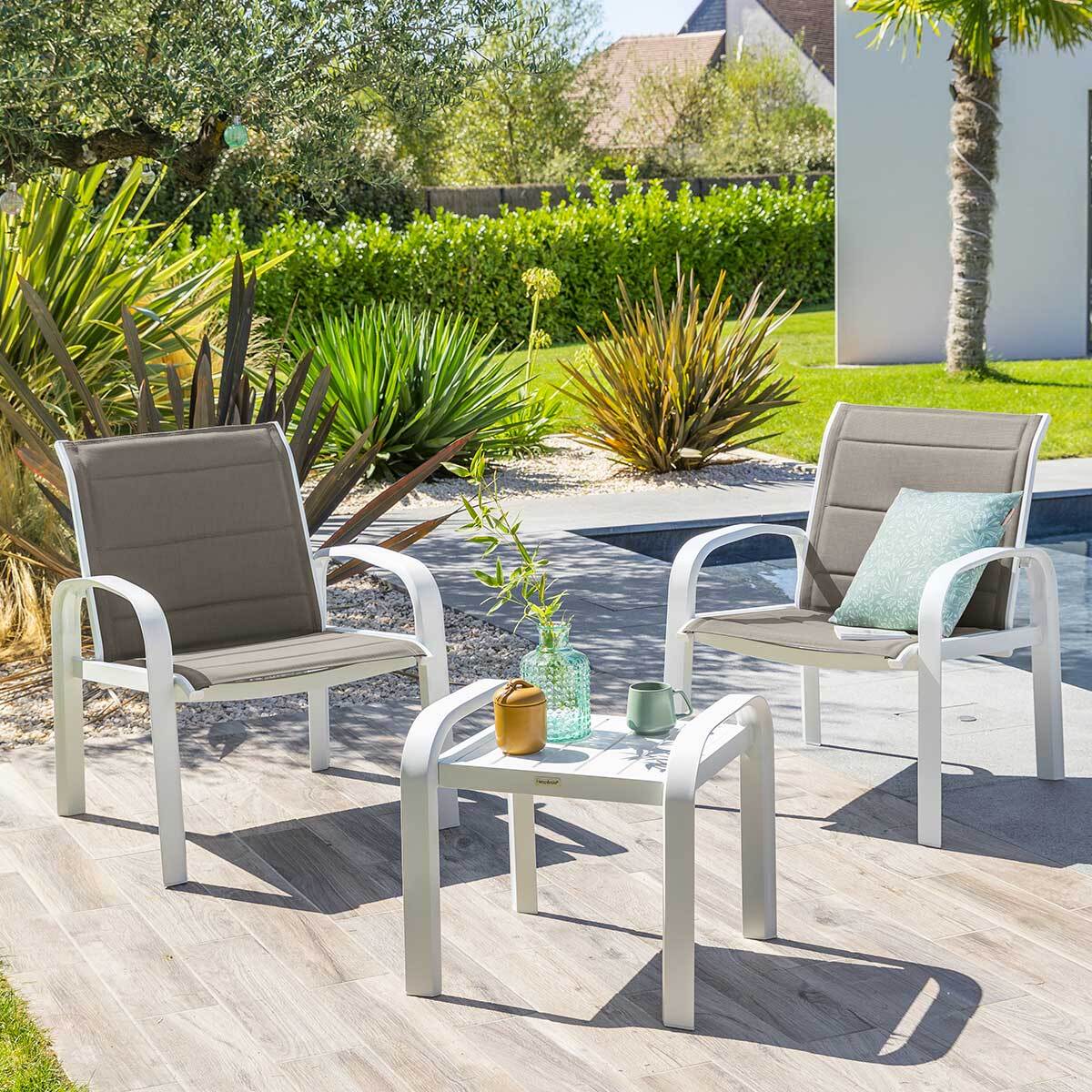 Salon de jardin duo "Elyn" noisette & blanc 2 places en aluminium
