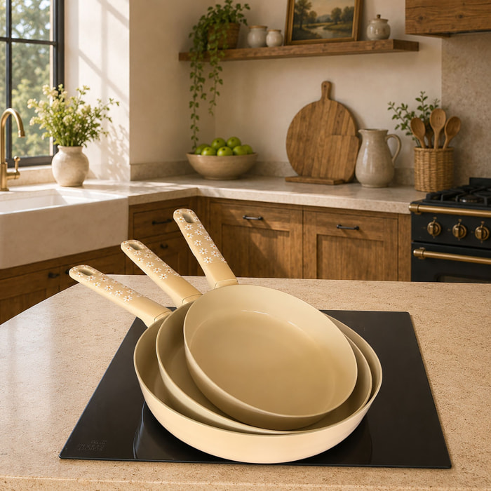 Set de 3 poêles en aluminium et motif marguerite beige MARGUERITE
