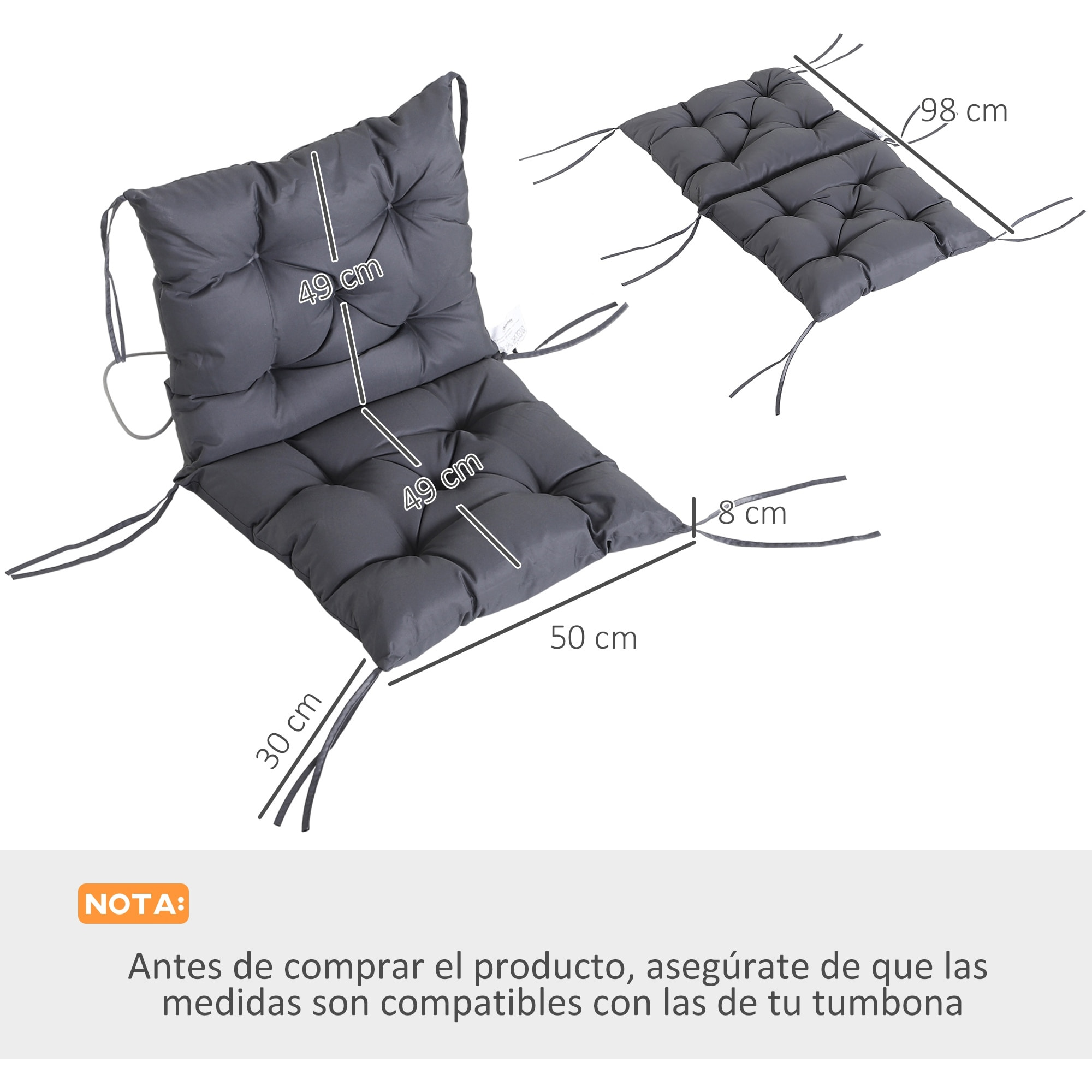 Conjunto de 2 Cojines para Silla 50x98x8 cm Colchones de Banco con Respaldo 6 Cordones de Fijación para Jardín Terraza Balcón Gris Oscuro