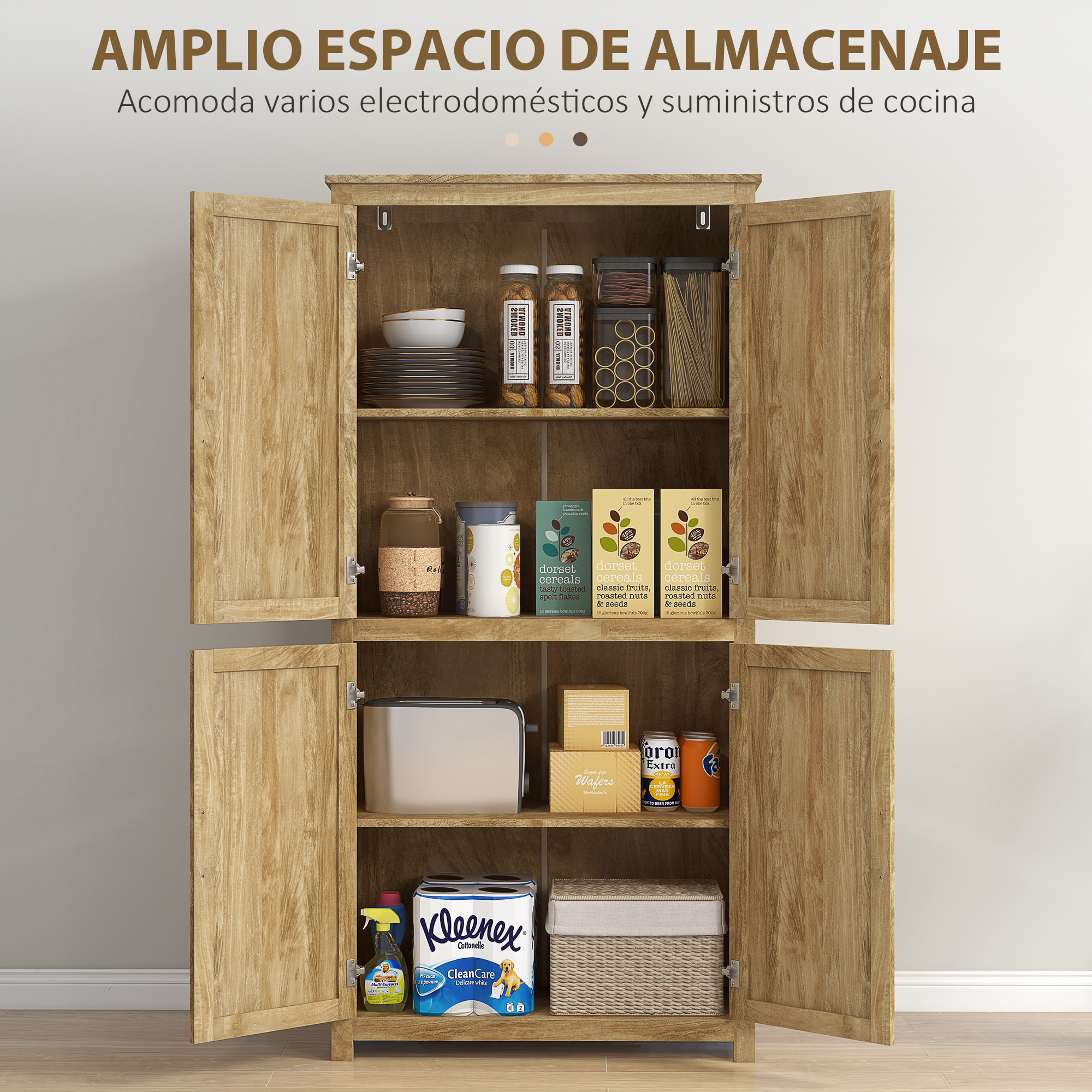 Alacena de Cocina, Mueble Auxiliar de Cocina Alta, con 4 Puertas de Ratán y Estantes Ajustables, Estilo Bohemio, Natural, 80x33x162,6 cm