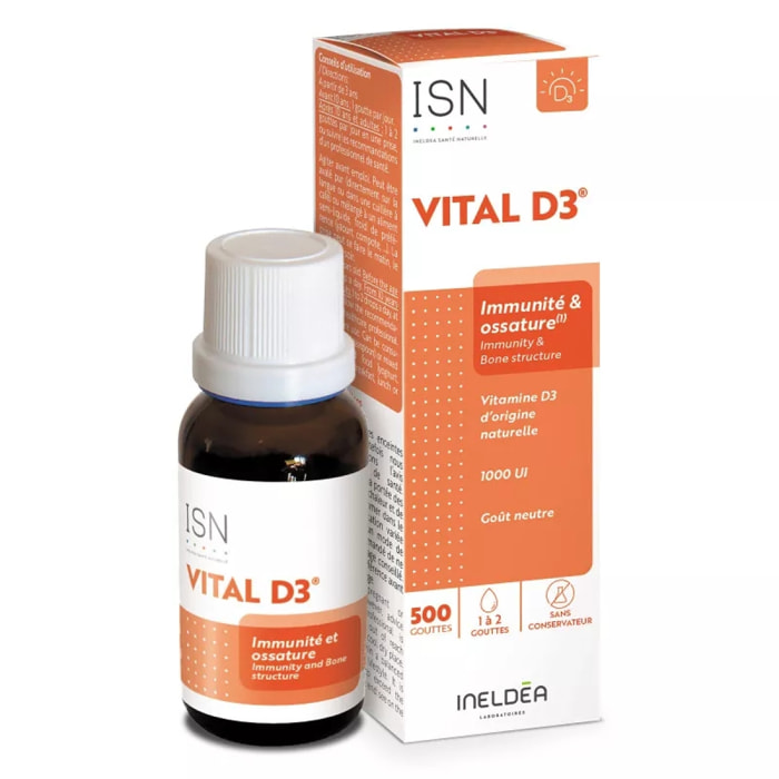 INELDEA SANTÉ NATURELLE - Vital-D3 - Complément Alimentaire en Vitamine D3 (Origine 100 % Naturelle) - Capital Osseux et Soutien de l'Immunité - Goût Neutre Flacon Compte-gouttes de 20 ml