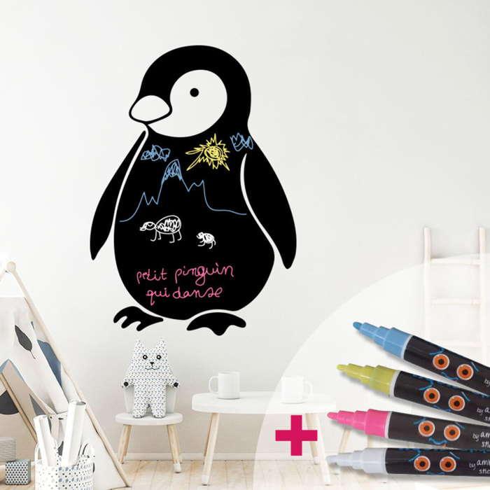 Sticker ardoise tableau noir - stickers muraux adhésif effaçable - PINGOUIN + 4 CRAIES LIQUIDES