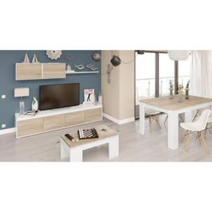 Parete attrezzata Savannah, Mobile da soggiorno porta TV, Composizione set salotto, Set salotto con pensile, cm 200x41h43, Bianco e Rovere