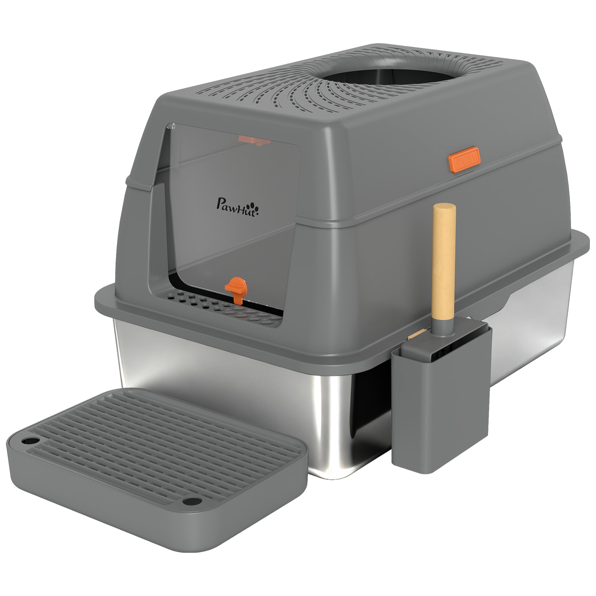 Maison de toilette bac à litière fermé acier inox - pelle, couvercle ouvrant, entrée verrouillable - gris