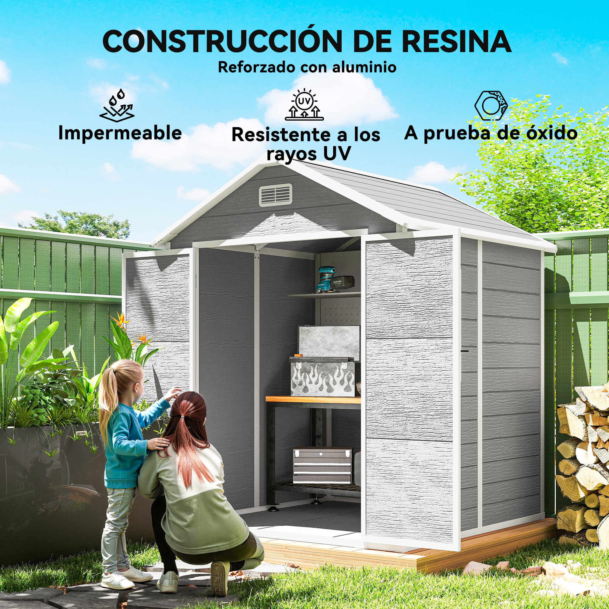 Caseta de Jardín Exterior, 2,4 m², 182x151x219 cm, Cobertizo de Jardín Exterior con Suelo, Puertas con Cerradura, Ventana y Techo Inclinado para Almacenamiento de Herramientas, Gris