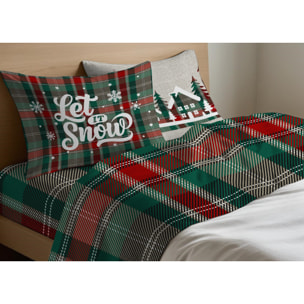 Completo Lenzuola in 100% Cotone Made In Italy Fantasia Tartan Verde Disegno Snow