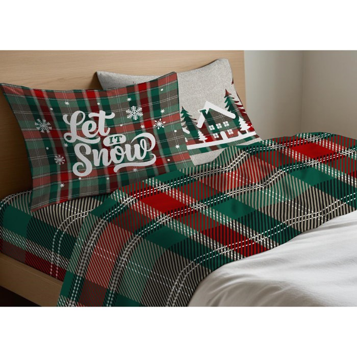 Completo Lenzuola in 100% Cotone Made In Italy Fantasia Tartan Verde Disegno Snow