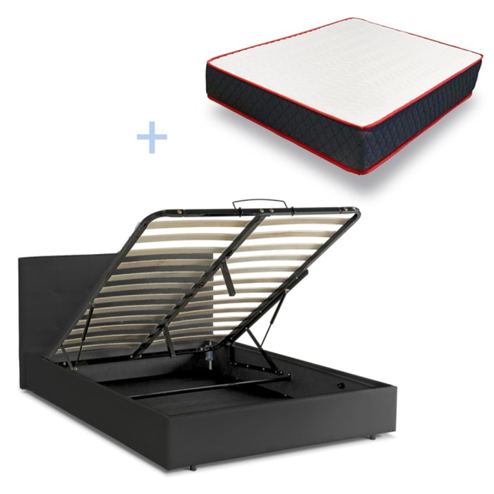 Ensemble lit coffre Venise & Matelas | Mémoire de Forme et Mousse aérée SYSTEME AIR-V | Espace de Stockage jusqu'à 900 L | Simili cuir | Noir