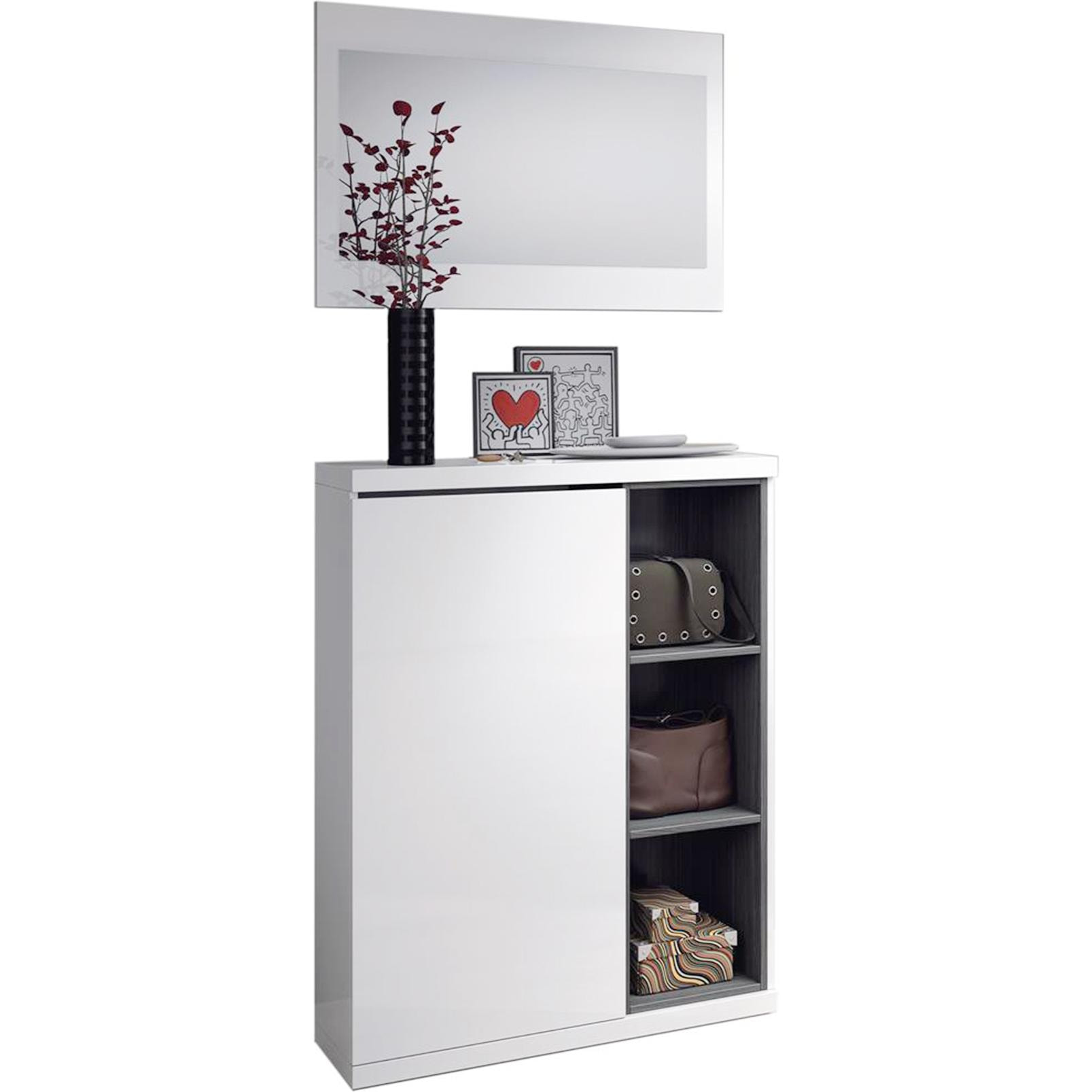 Mobile da ingresso Durham, Entratina portascarpe con specchio, Mobile scarpiera con 3 ripiani per entrata, cm 79x25h167, Bianco e Grigio cenere