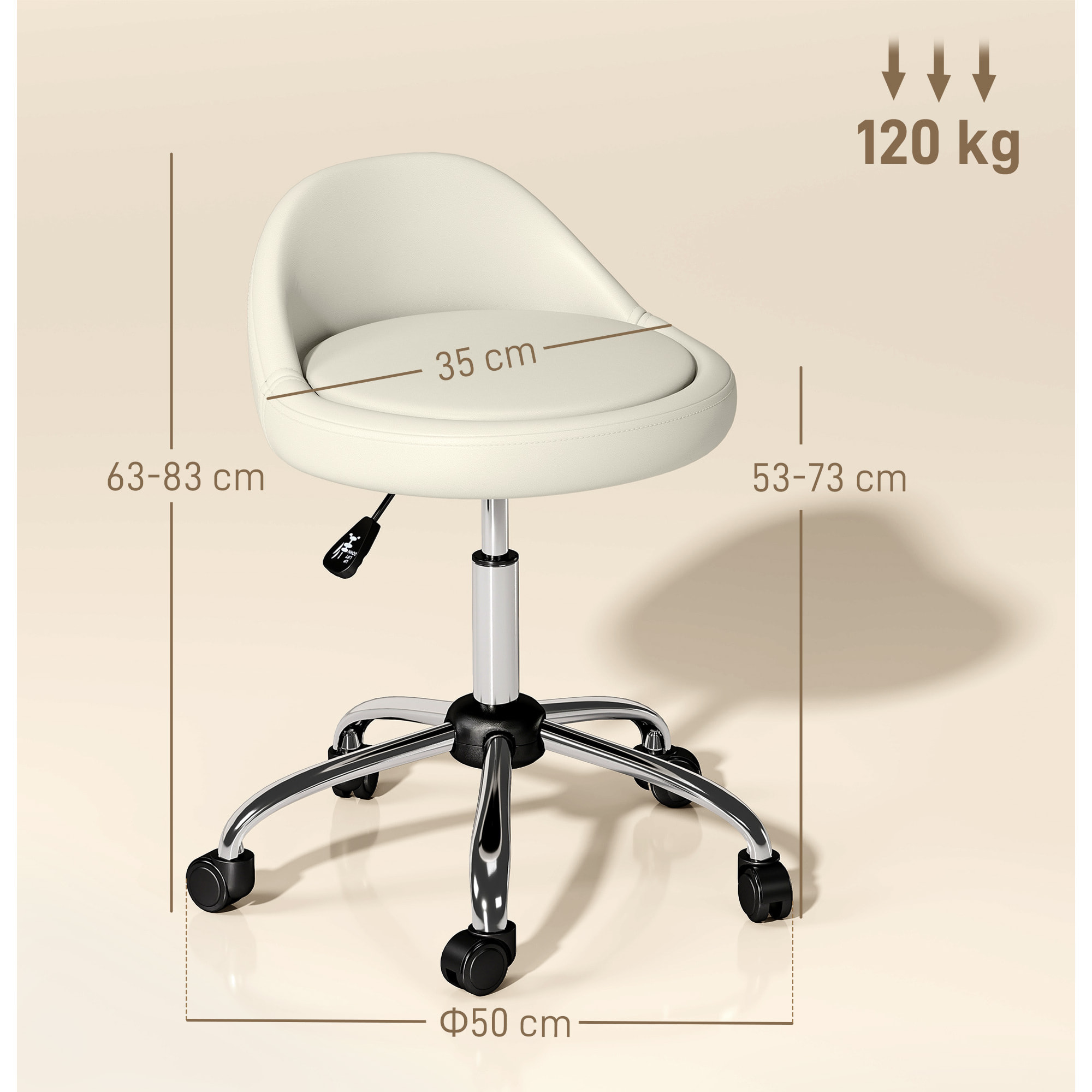 Taburete con Ruedas, Taburete Giratorio Cosmético con Altura Ajustable, Cuero Sintético, Asiento Acolchado y Amplio, para Dentista y Peluquería, Carga 120 kg, Ø50x63-83 cm, Blanco