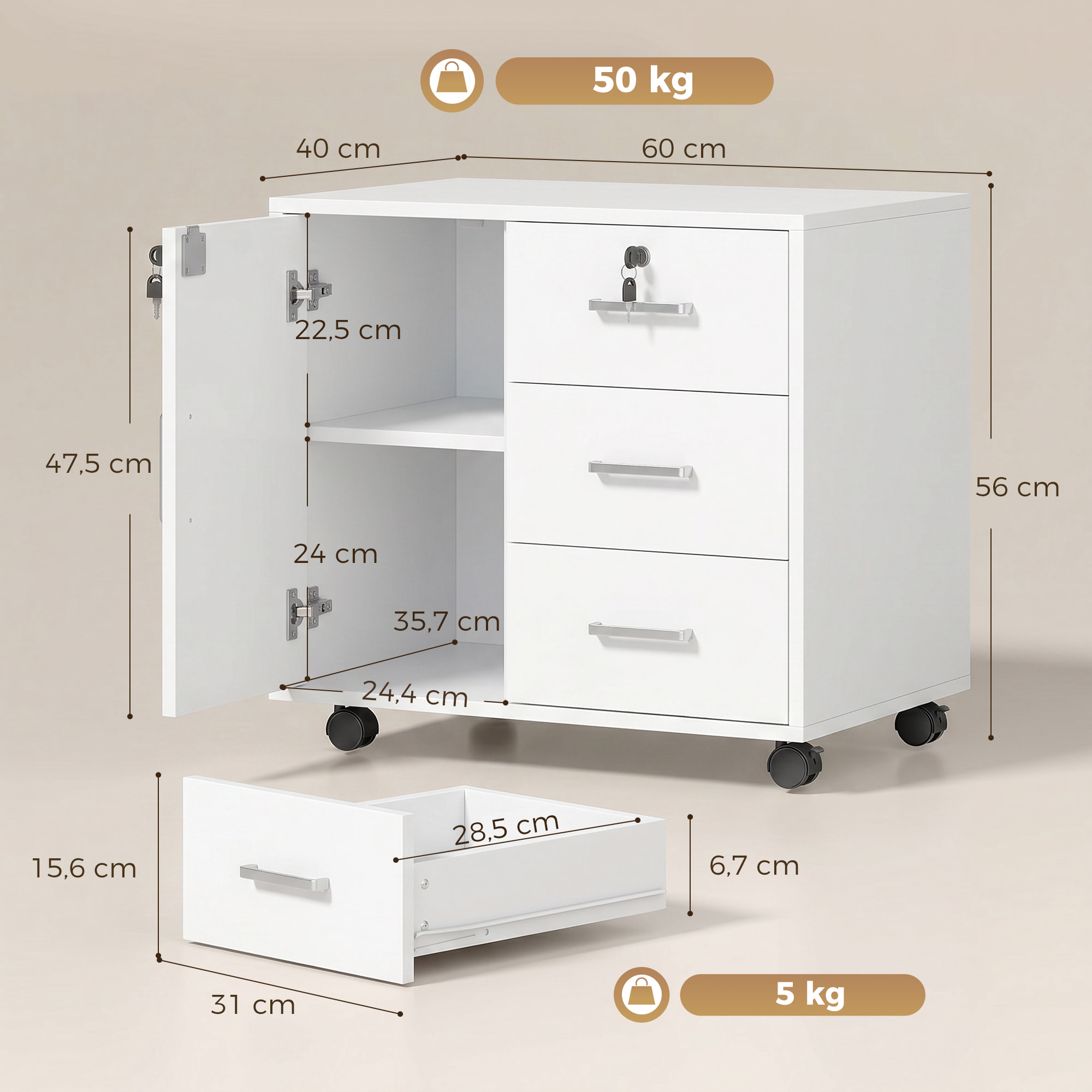 Mueble para Impresora con Ruedas, Mesa para Impresora con Puerta y 3 Cajones, Cerraduras, Estante Ajustable, Archivador Móvil para Oficina en Casa, 60x40x56 cm, Blanco