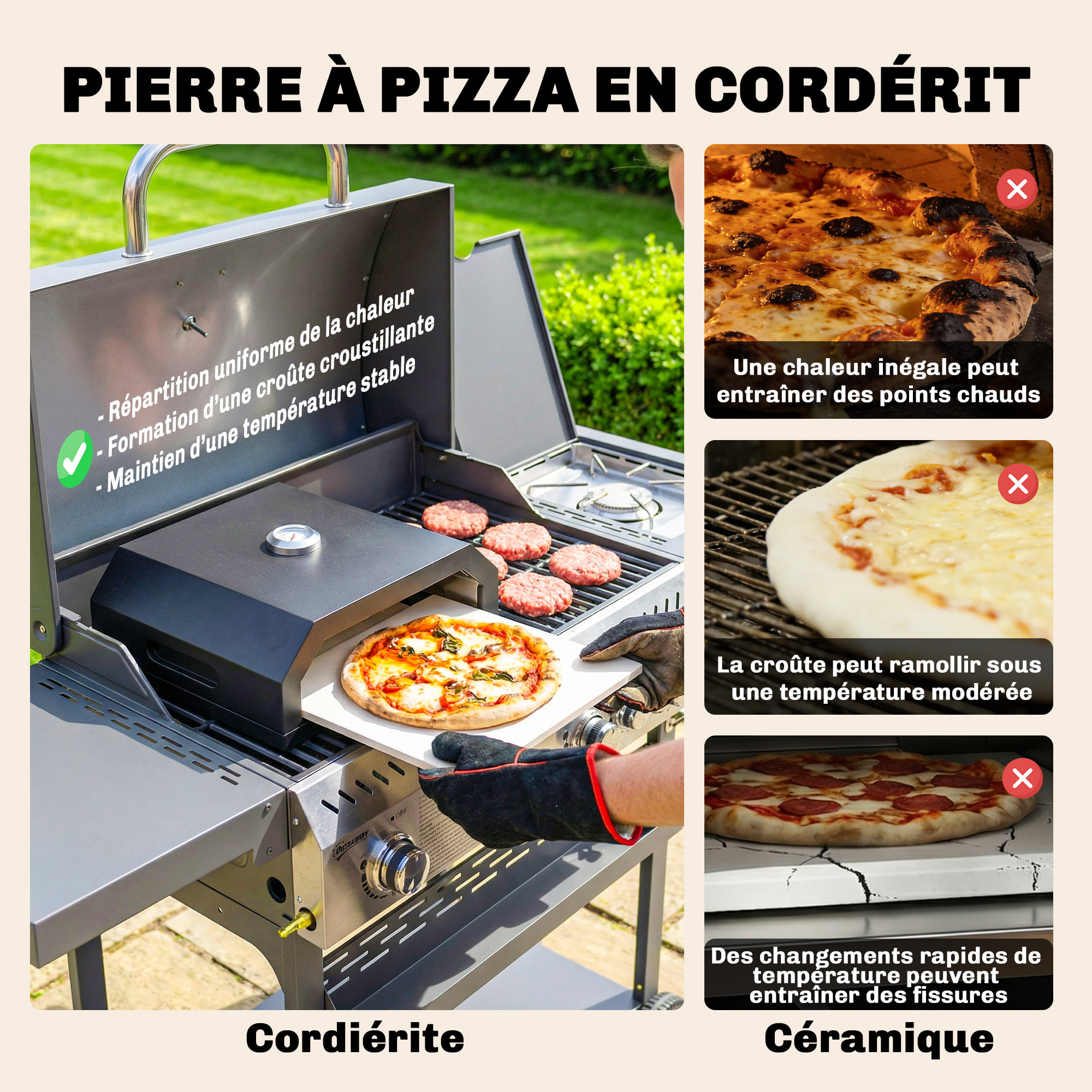 Four à pizza pour barbecue - thermomètre, pierre réfractaire - métal émaillé noir
