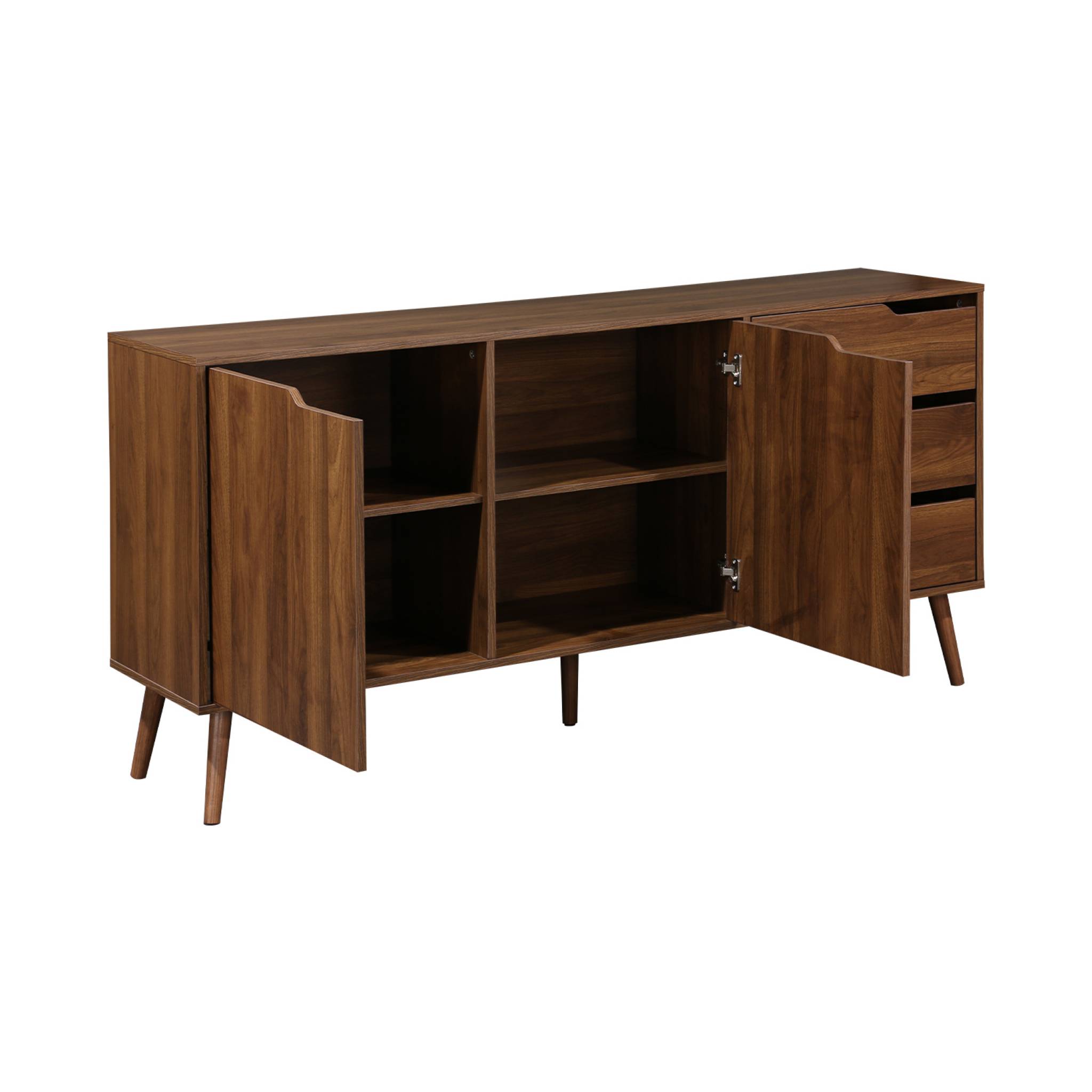 Buffet de rangement scandinave. buffet haut. vaisselier. 2 portes. 3 tiroirs. décor bois de noyer. 160cm