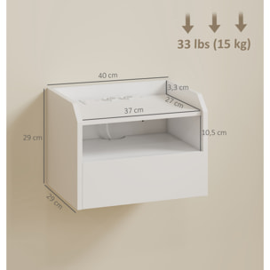 Juego de 2 Mesitas de Noche Flotantes con Estación de Carga, Mesillas de Noche Dormitorio, Cajón, Estante Abierto, Montado en la Pared, Estilo Moderno, para Sala de Estar, 40x29x29 cm, Blanco