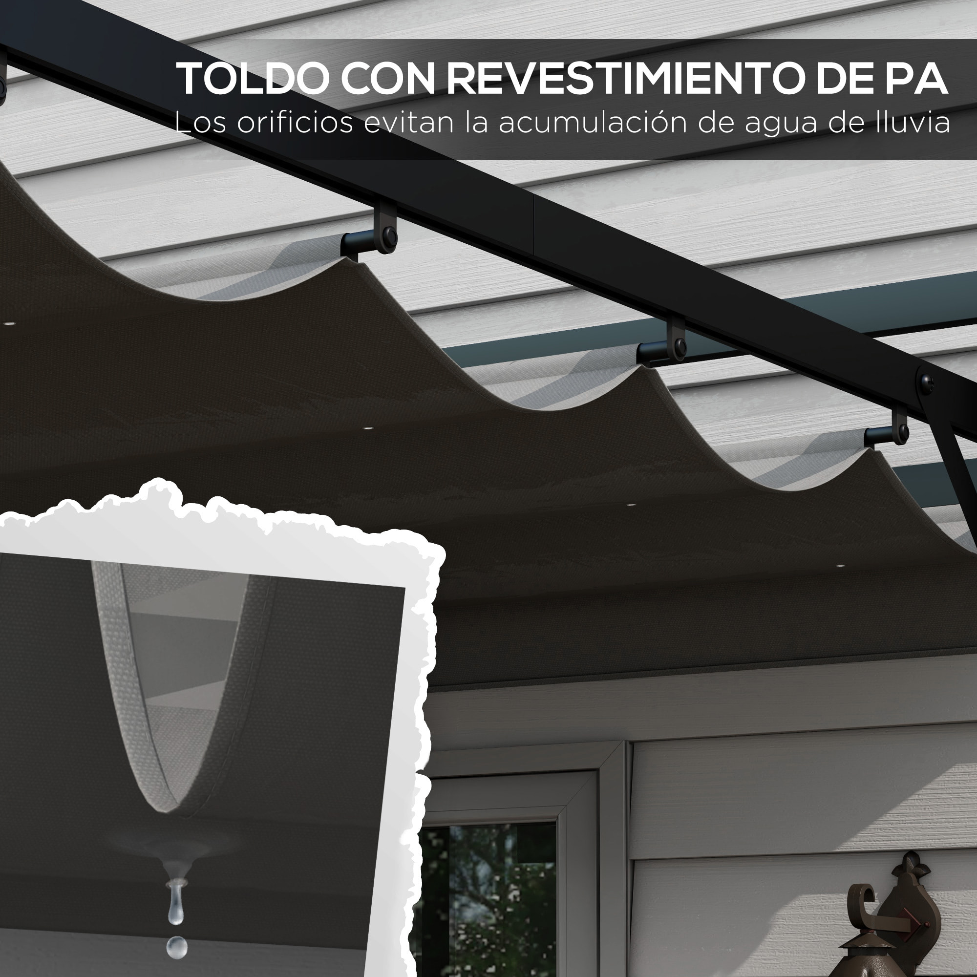 Pérgola 3x4 m Gazebo Cenador de Jardín con Techo Retráctil de Poliéster y 12 Orificios de Drenaje Pérgola para Patio Terraza Exterior Gris Oscuro