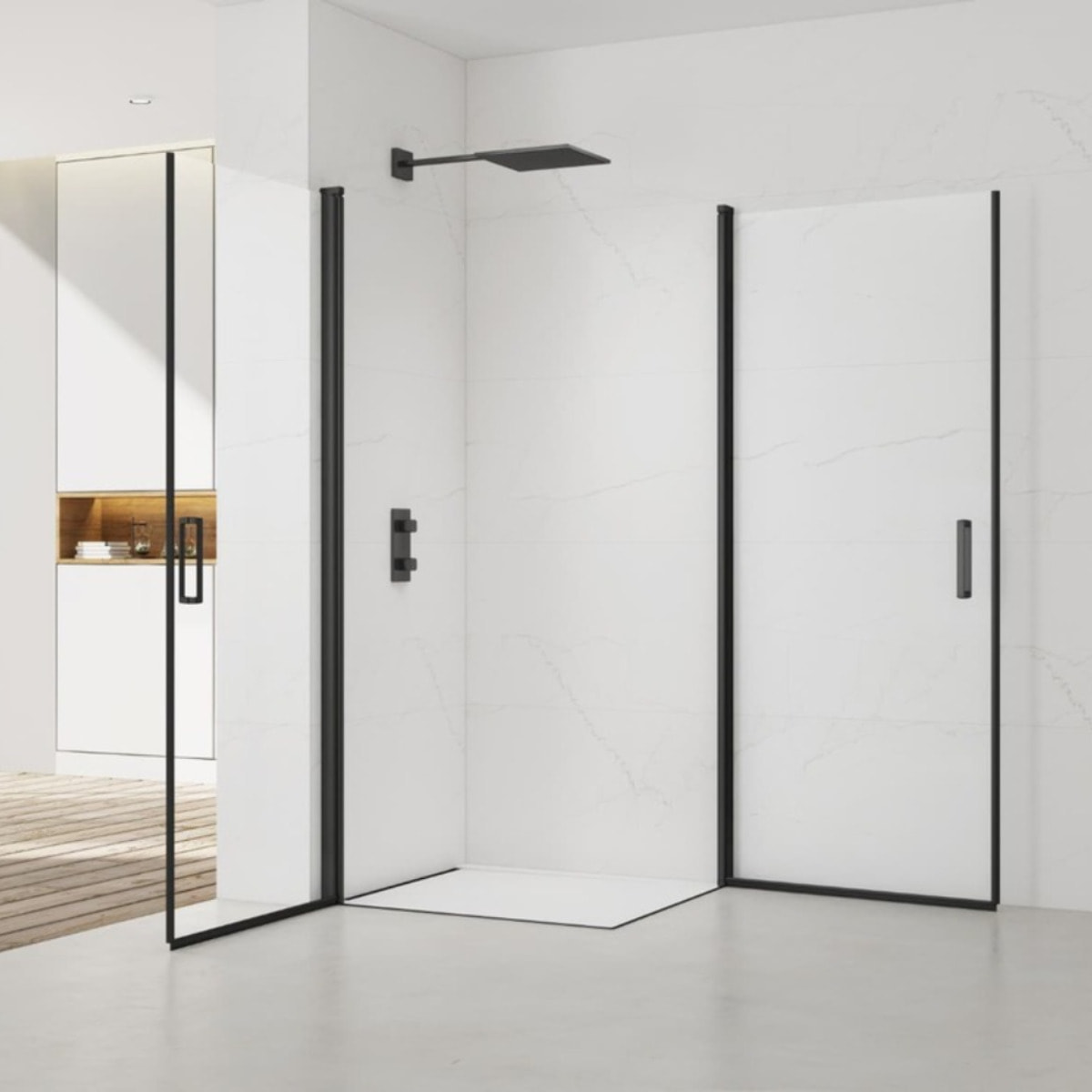 Fusion Portes de douche acces en angle pivotantes 100x90cm anticalcaire avec profilés noir mat (SATFUD10090C-SET)