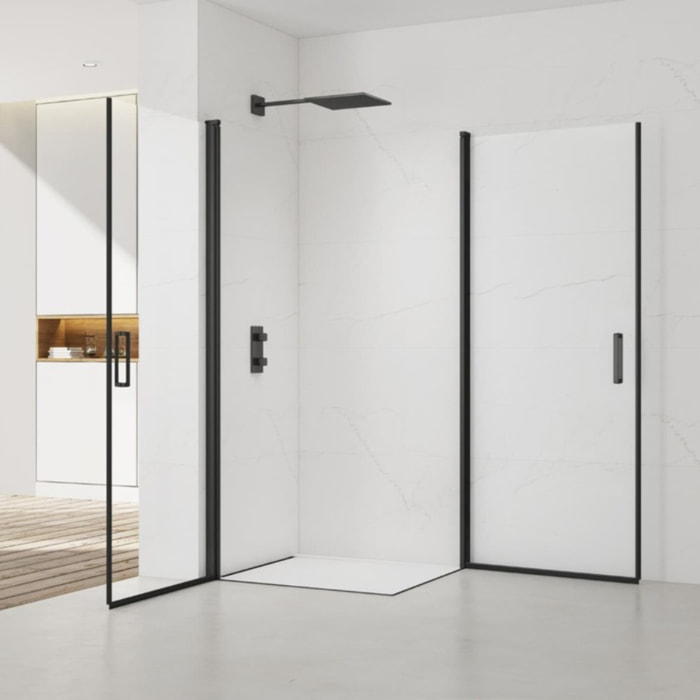 Fusion Portes de douche acces en angle pivotantes 100x90cm anticalcaire avec profilés noir mat (SATFUD10090C-SET)