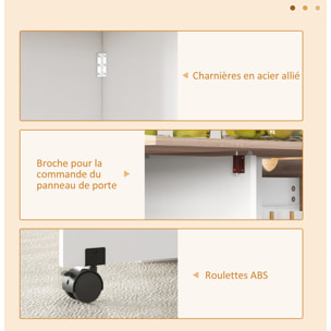 Table à manger pliable extensible 4 personnes - 2 abattants, 2 étagères, tiroir, roulettes - blanc aspect chêne clair
