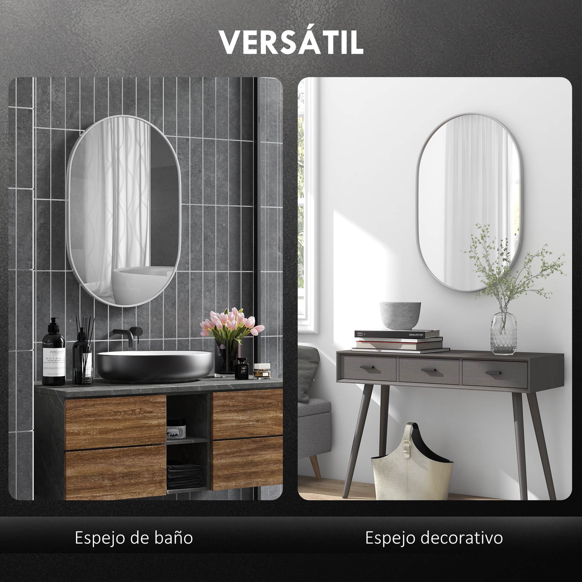 Espejo de Baño Ovalado 60x90 cm con Marco de Aluminio Espejo de Pared Decorativo Horizontal o Vertical para Salón Entrada Pasillo Plata