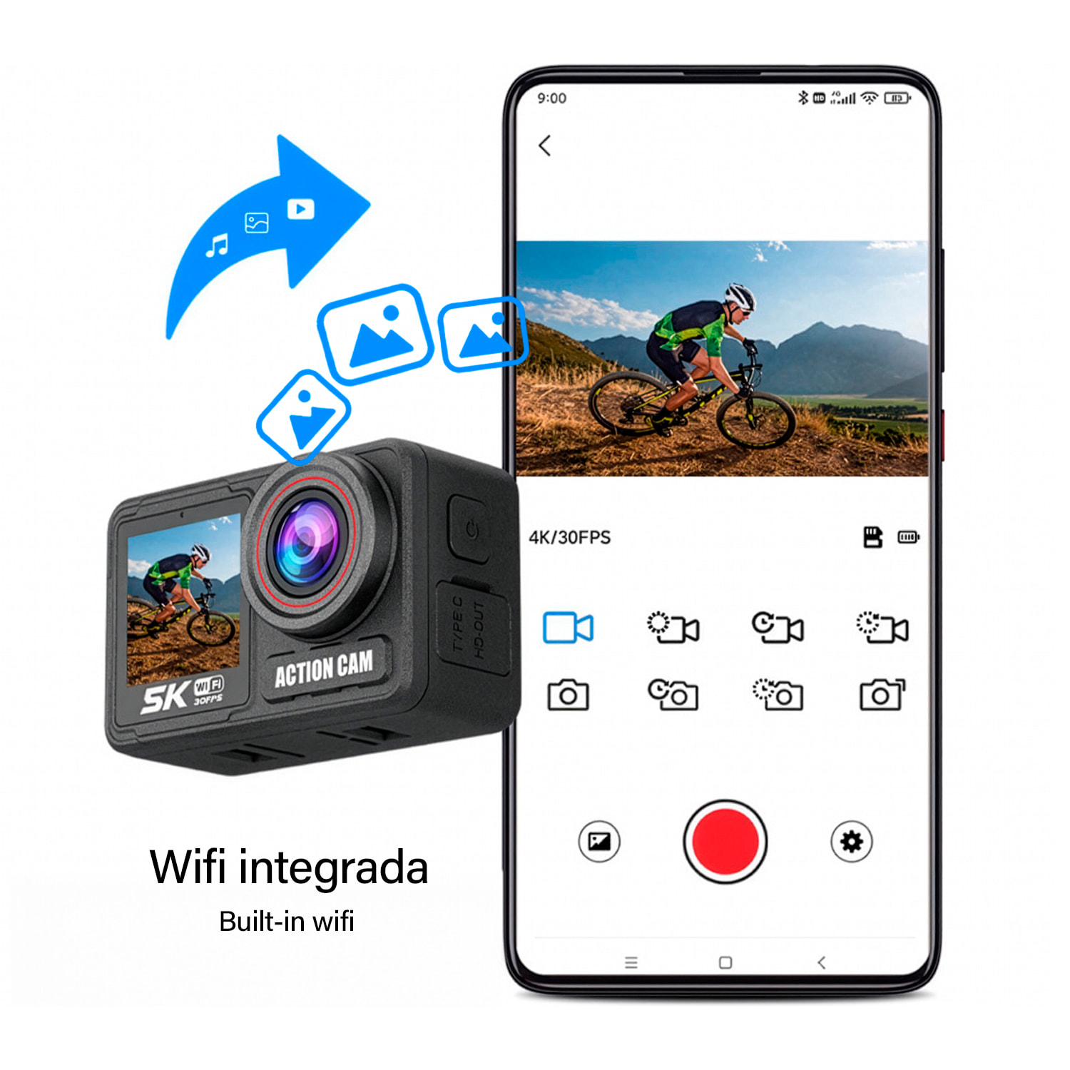 Cámara deportiva WIFI M90TR doble pantalla ultra HD de 2.2" y HD de 1.4", vídeo hasta 5K 60FPS y fotografías de hasta 64 MP. Zoom digital 5x, múltiples modos de foto y vídeo. Sumergible 30M.