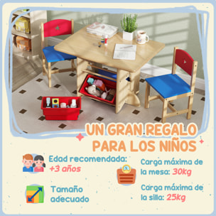 Mesa y Sillas Infantiles de 3 Piezas Mesa Infantil con 2 Sillas y 4 Cestas de Almacenamiento Juego de Muebles para Actividades para Niños de +3 Años para Sala de Juegos Natural