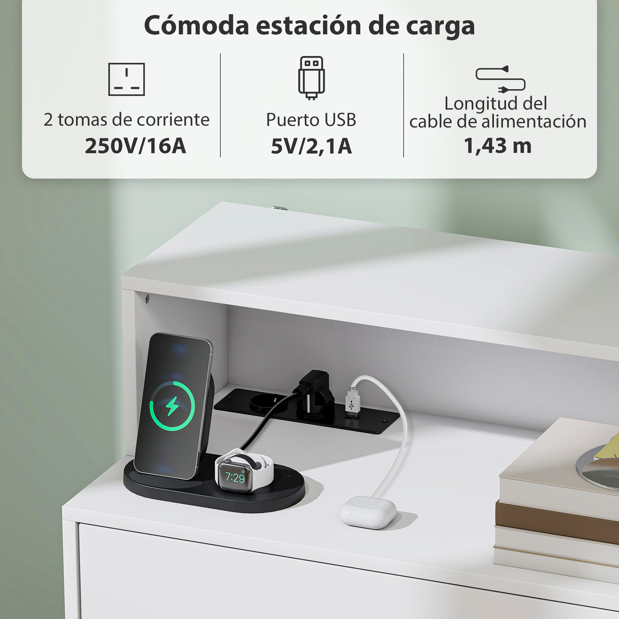 Cómoda de 4 Cajones con Estación de Carga, Cajonera para Dormitorio con Puerto USB, Puerto USB-C, Estante Abierto, 80x40x120 cm, Blanco