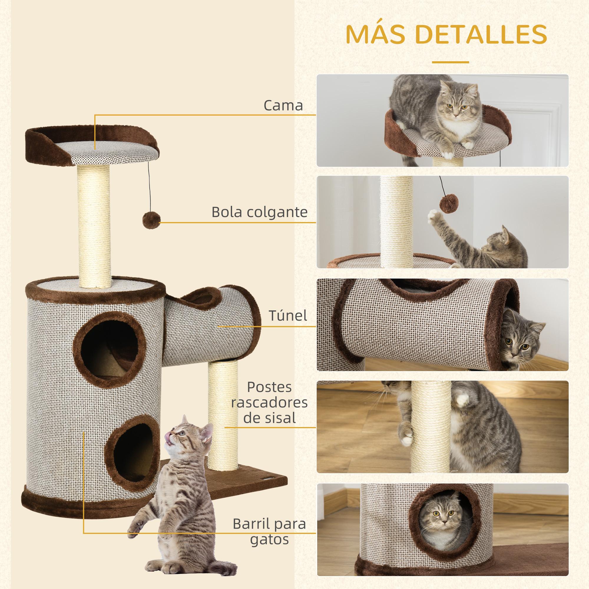 Árbol Rascador para Gatos Mediano Altura 104 cm Torre Escalador de Gato con Barril Rascador Cama Superior Túnel Postes de Sisal y Bola Colgante 75x39x104 cm Marrón