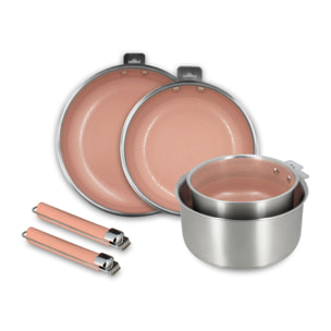 Set de 4 pièces en acier inoxydable et 2 poignées amovibles rose AGLAE