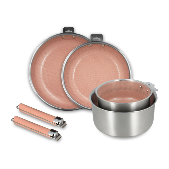 Set de 4 pièces en acier inoxydable et 2 poignées amovibles rose AGLAE