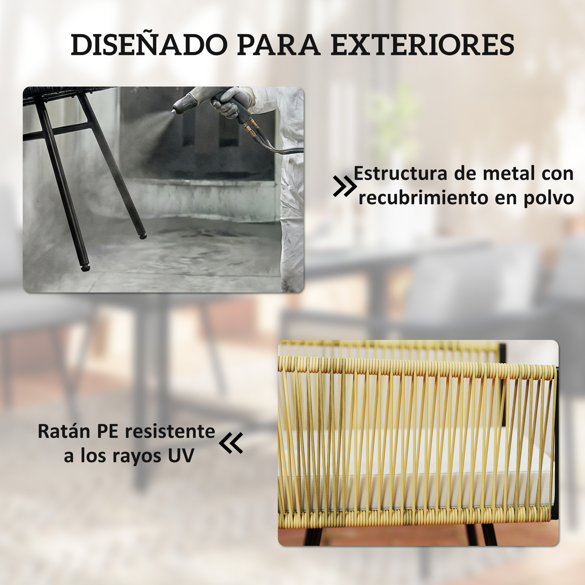 Conjunto de Mesa y Sillas Jardín de Ratán de 5 Piezas, Muebles Jardín Exterior con Mesa de Plástico-Madera y 4 Sillas con Cojines Extraíbles, Marco de Metal Resistente para Terraza, Beige