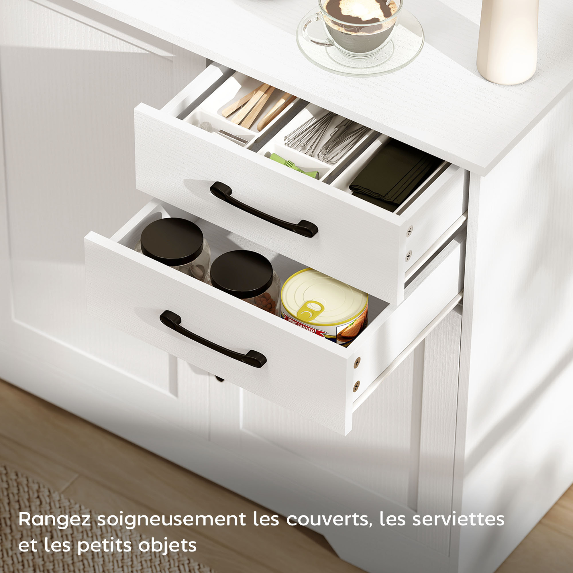 Buffet contemporain 3 portes étagère 2 tiroirs poignées métal noir effet bois blanc