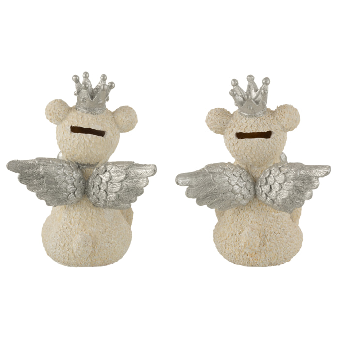 J-Line décoration tirelire Ours - polyrésine - Couronne - blanc/gris - large - 2 pcs