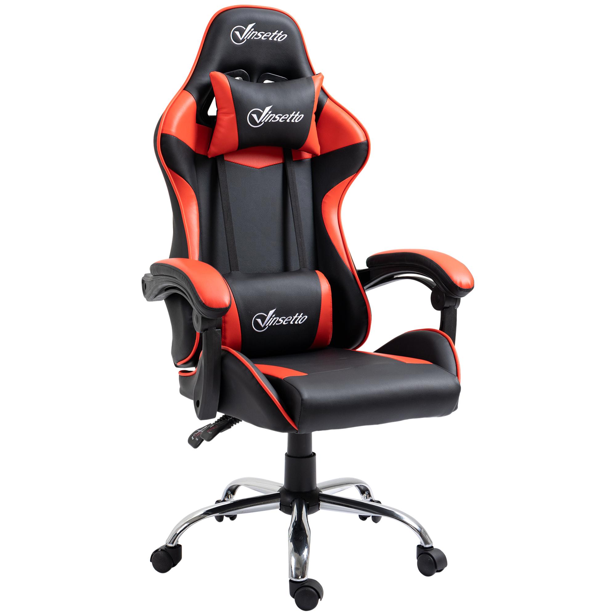 Silla Gaming Ergonómica Silla de Escritorio Racing Giratoria con Altura Ajustable Reclinable de 135° Reposacabezas y Cojín Lumbar para Oficina Estudio 63x67x122-130 cm Rojo