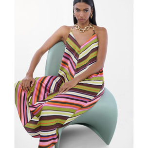 Abito in raso con spalline sottili e stampa multi-righe