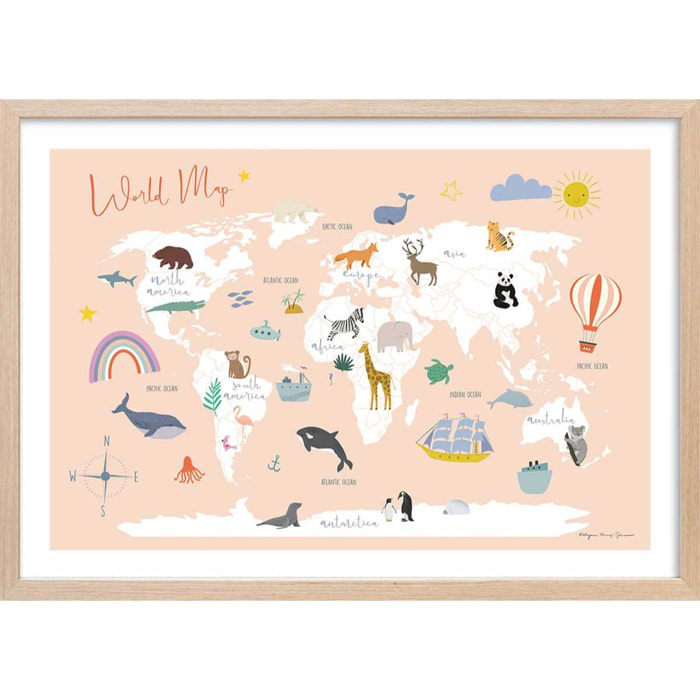 Affiche enfant exploration  Affiche + cadre en bois - Chêne