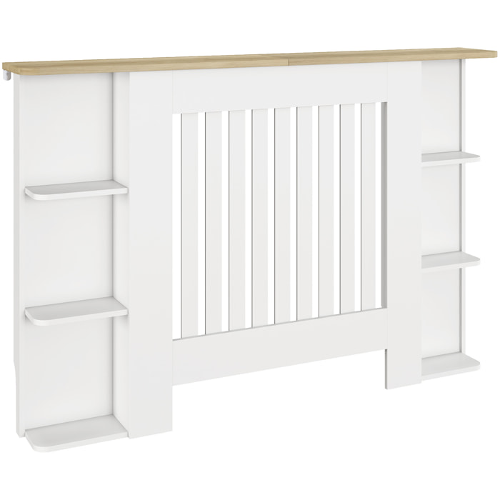 Cubre Radiadores con Estantes, Cubreradiador de MDF, Cubierta para Radiador, Diseño Moderno de Listones, para Salón, Dormitorio, 124x19x83 cm, Blanco