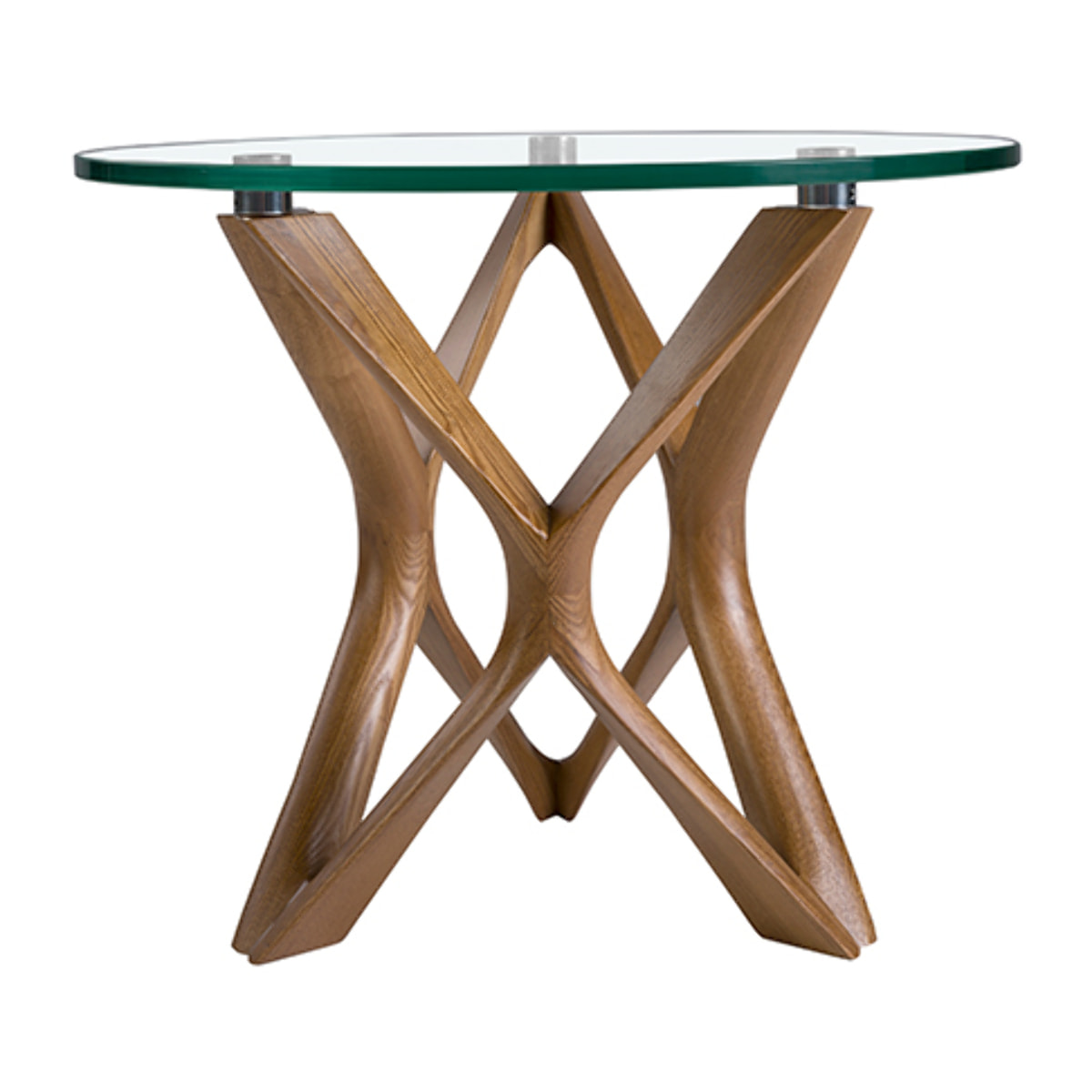 Mesa rincón Angel Cerdá redonda con tapa de cristal templado y patas de madera en nogal 50x50x41cm