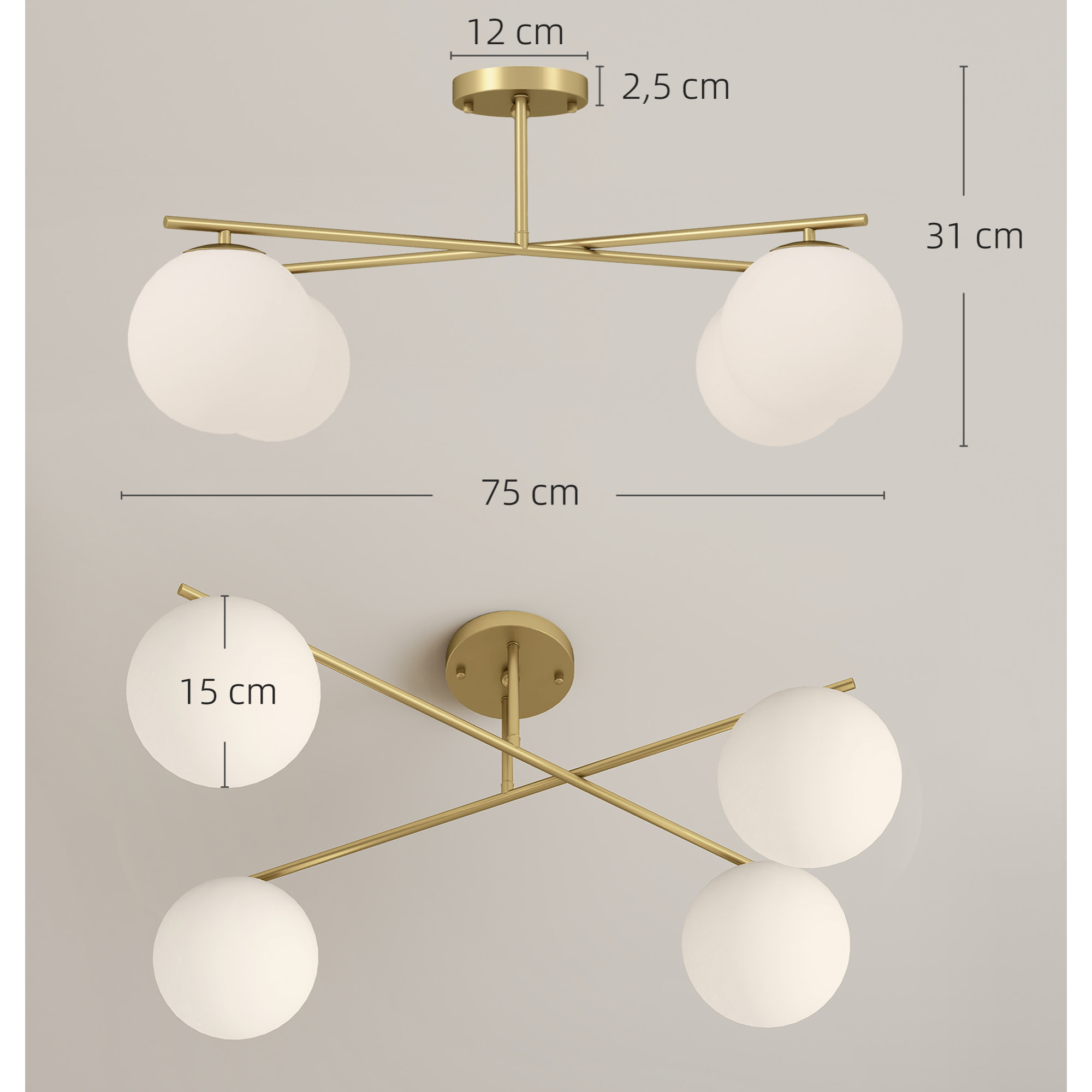 Plafonnier design doré dia. 75 cm 4 lampes boules verre dépoli blanc métal