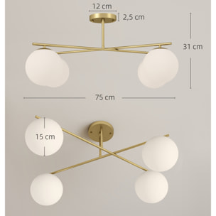 Plafonnier design doré dia. 75 cm 4 lampes boules verre dépoli blanc métal