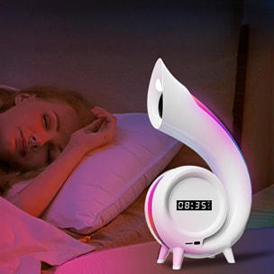 Altavoz concha 6 en 1 con luz de ambiente única con 256 modos y 16M de colores. Reloj, alarmas y espejo de maquillaje. BT5.0 + TF.