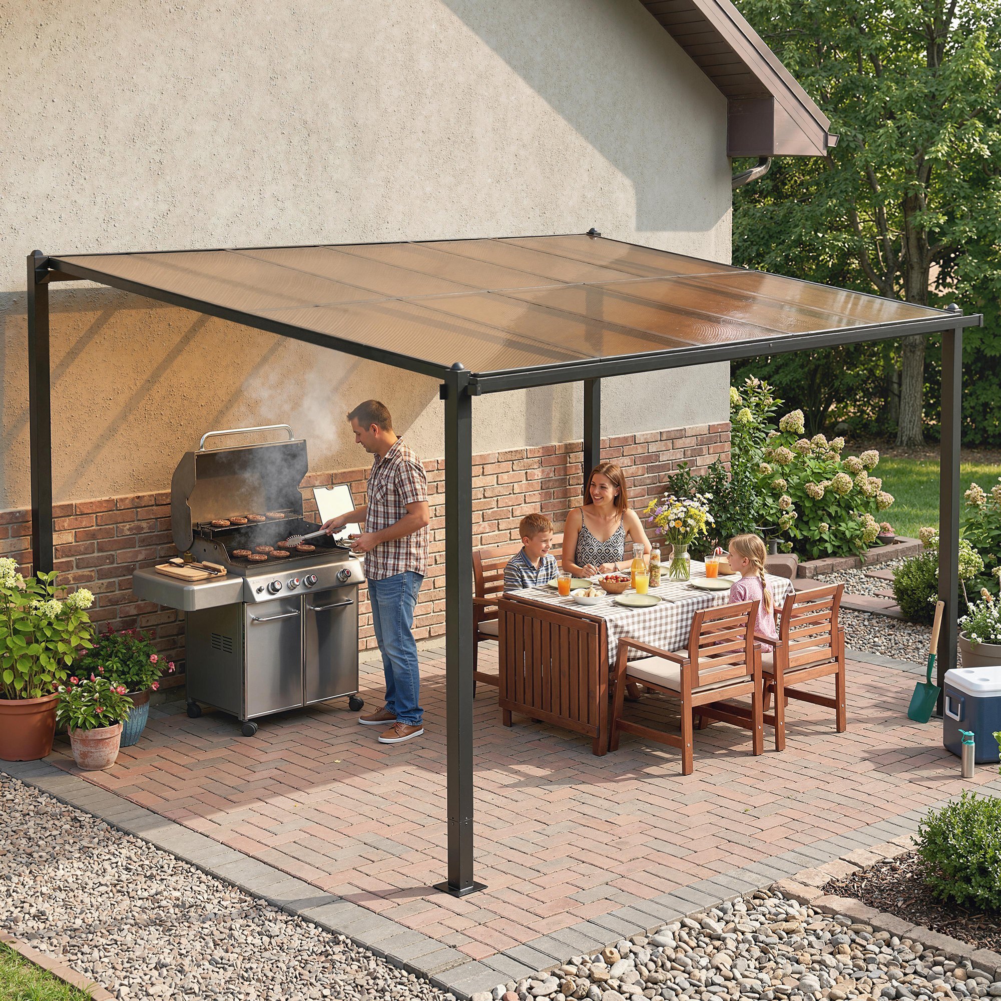 Pergola adossée alu polycarbonate 3,8 x 3 m gouttières intégrées
