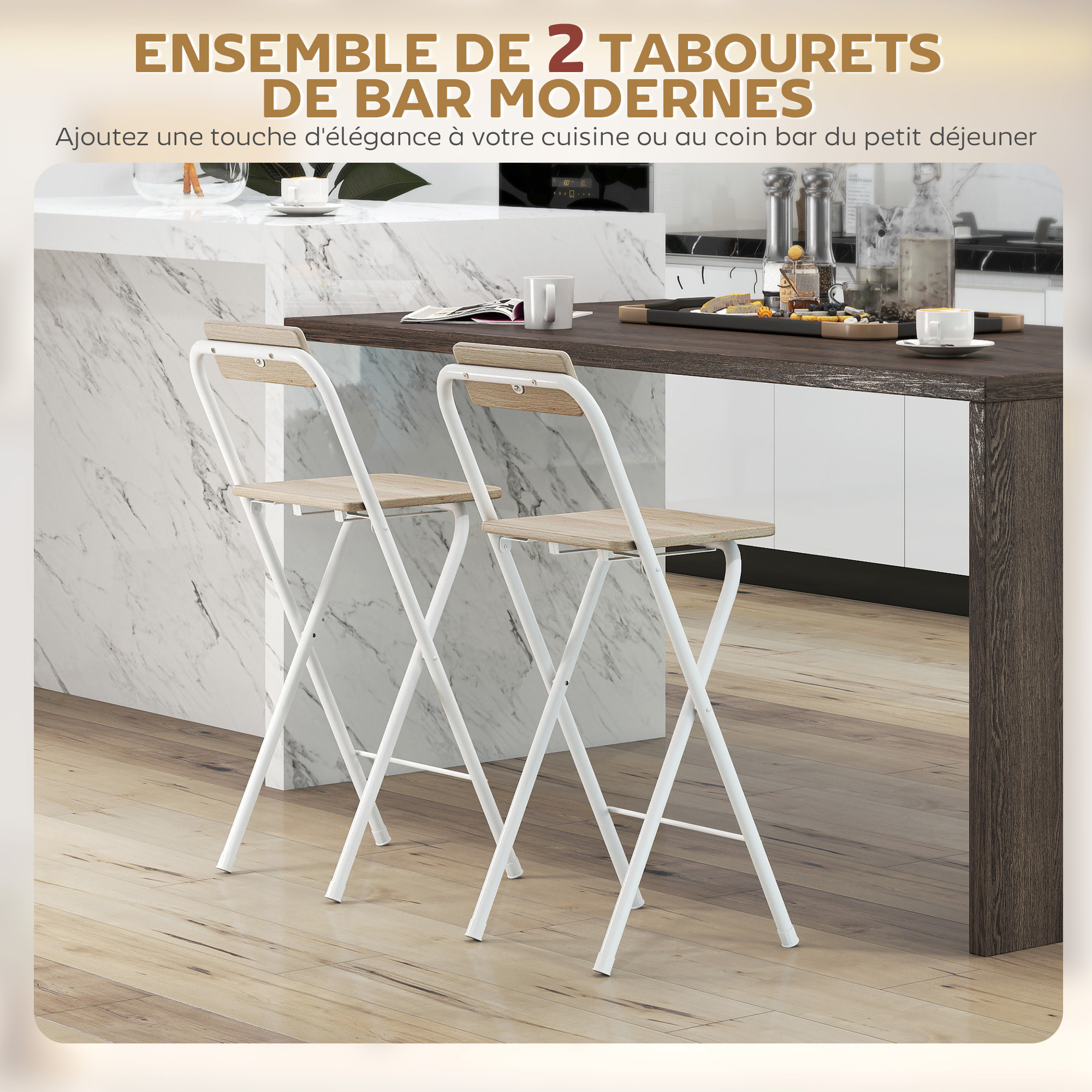 Lot de 2 tabourets de bar pliants avec dossier et repose-pieds acier blanc effet bois clair