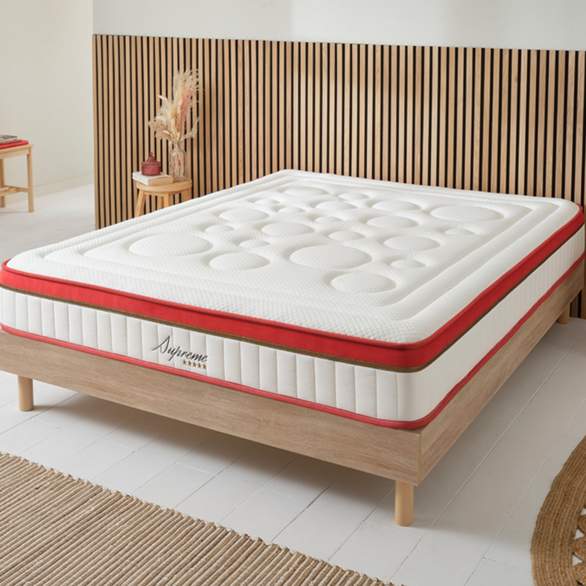 Ensemble Matelas Supreme - Mémoire de forme - 24 cm avec Sommier Couleur Bois - 1 place