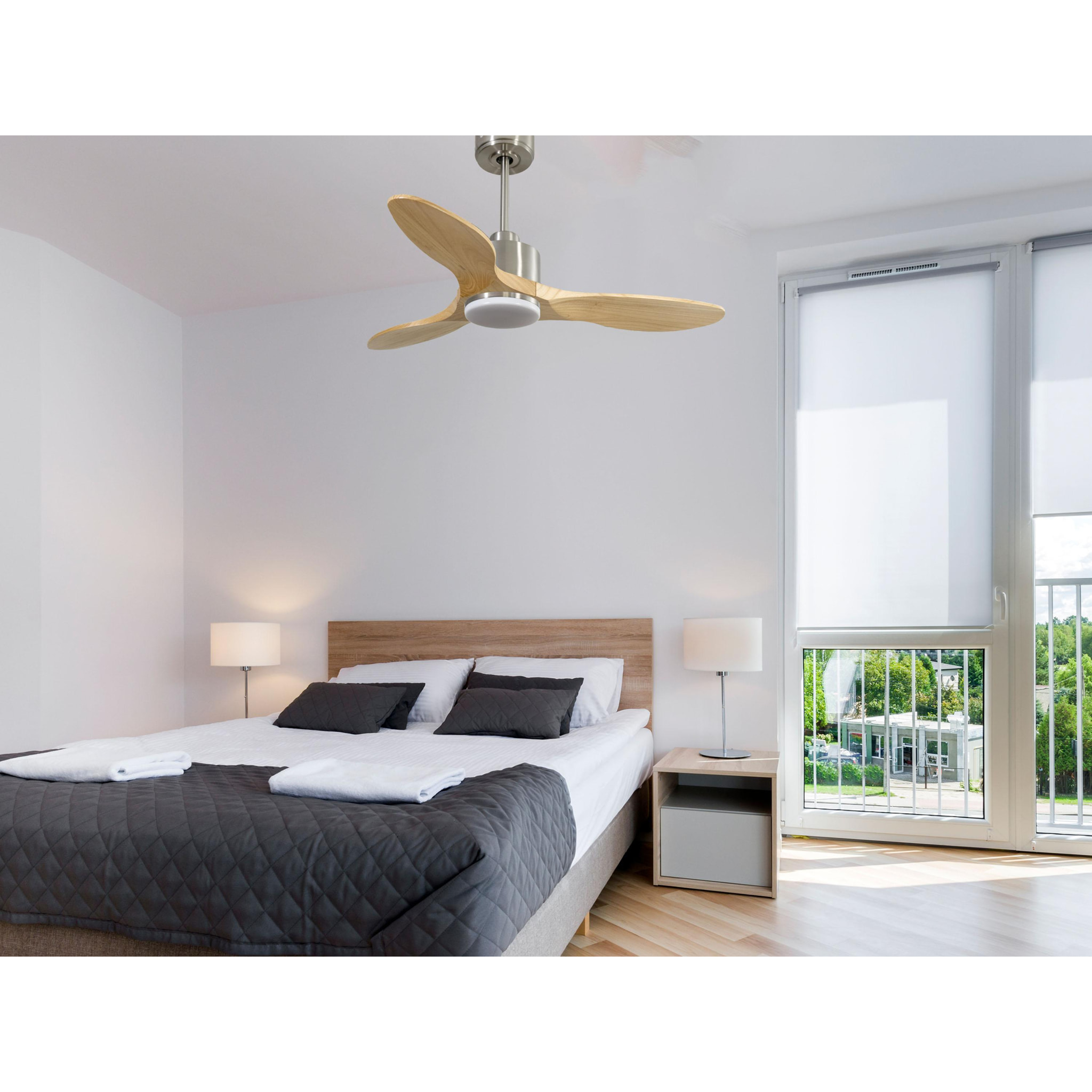 Ventilateur de plafond Réversible  Thermostat Dimmable Wifi Moteur à courant continu Toits en pente Télécommande Lumière à trois tons Hypersilence Mémoire