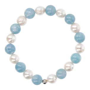 PERLAVIVA - Bracciale Elastico con Agata Celeste e Perle Bianche d'Acqua Dolce Ø 10 mm