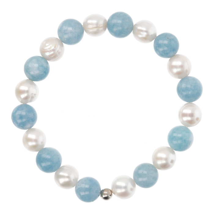 PERLAVIVA - Bracciale Elastico con Agata Celeste e Perle Bianche d'Acqua Dolce Ø 10 mm