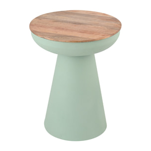 Table d'appoint ronde design avec rangement en métal vert céladon et bois manguier massif H52 cm TAM