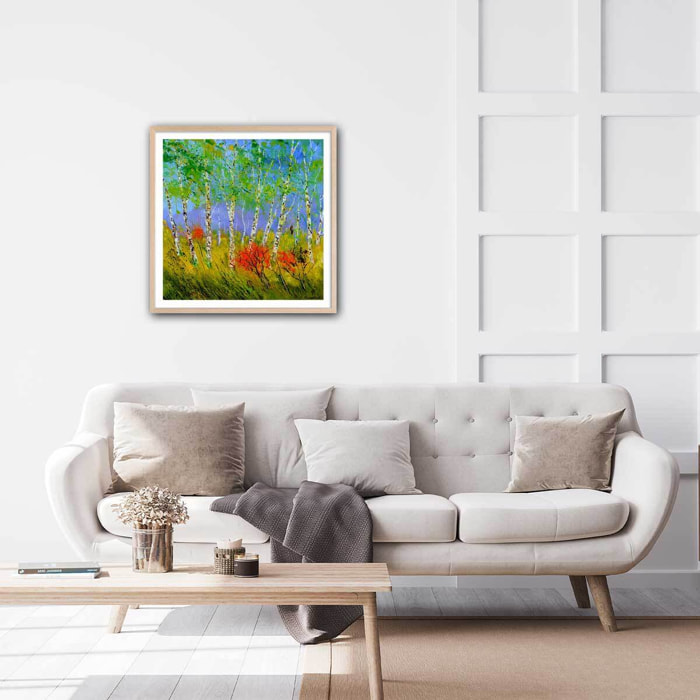 Affiche  bouleaux et coquelicots Affiche sous cadre bois