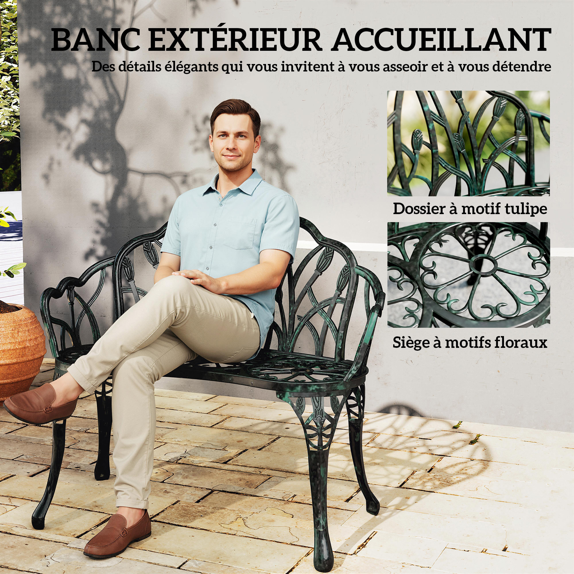 Banc de jardin 2 places style néo-rétro motif tulipes lignes fuselées fonte d'aluminium vert vieilli